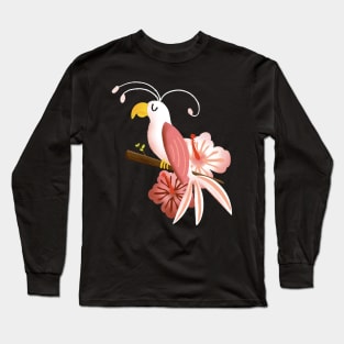 White and Pink Tropical Bird with Hibiscus Flowers Long Sleeve T-Shirt